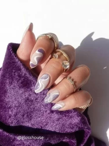 Purple Swirl Winter Nail Art with Shimmery Elegance