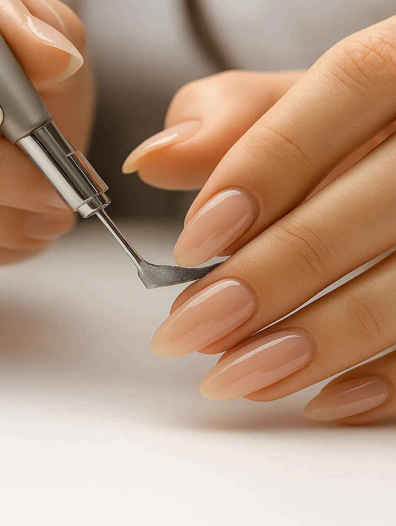 Close-up of a Russian manicure in progress, featuring clean, glossy nude nails and an electric cuticle tool.