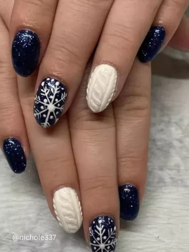 Snowflake Winter Nail Art with Cozy Knit Charm