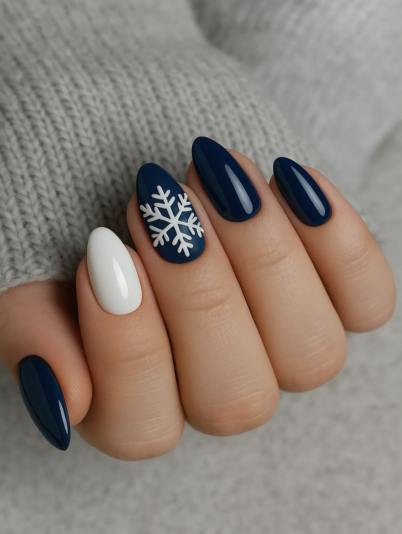 Uñas acrílicas de invierno con esmalte azul y diseño de copo de nieve