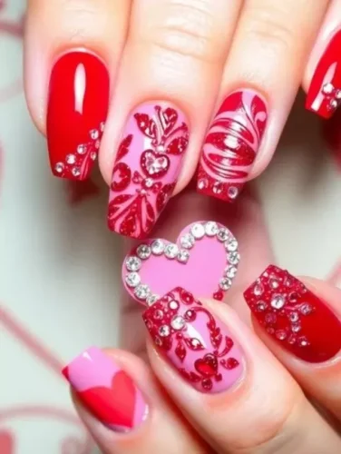 Este lujoso diseño de uñas se llama "romance de cristal," personifica el encanto del Día de San Valentín con su estética vibrante y amorosa. Las uñas presentan una base brillante de rojo manzana y rosa pálido, adornadas con intrincados patrones de corazones y espirales acentuados por destellantes piedras de estrás.