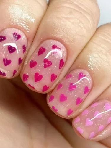 Este encantador diseño de uñas es una verdadera celebración del amor, con una base rosa translúcida salpicada de numerosos y diminutos corazones rosa intenso. La disposición caprichosa de los corazones, combinada con un sutil brillo de fondo, crea un look juguetón pero romántico. Ideal para quienes quieren llevar el amor en sus uñas, este diseño es perfecto para el Día de San Valentín o cualquier ocasión que requiera un toque dulce y afectuoso.