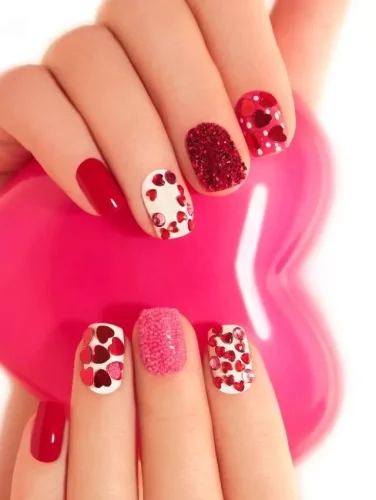 Este encantador diseño de uñas es una verdadera celebración del amor, con una base rosa translúcida salpicada de numerosos y diminutos corazones rosa intenso. La disposición caprichosa de los corazones, combinada con un sutil brillo de fondo, crea un look juguetón pero romántico. Ideal para quienes quieren llevar el amor en sus uñas, este diseño es perfecto para el Día de San Valentín o cualquier ocasión que requiera un toque dulce y afectuoso.