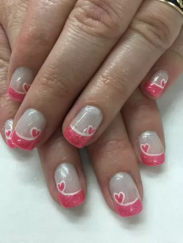 Pink Glitter French Tips with Hearts