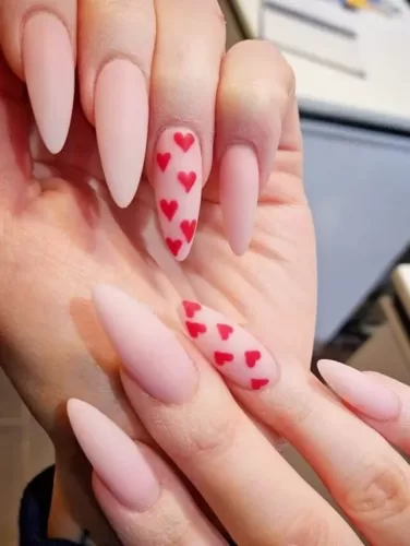 Matte Nude Red Heart Valentine's Nails