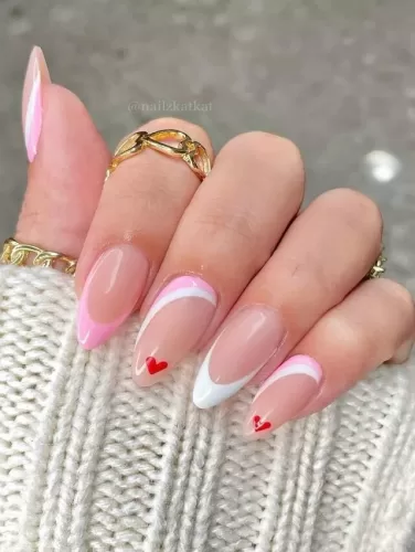 Pink and White Swirl Heart Valentine's Nails