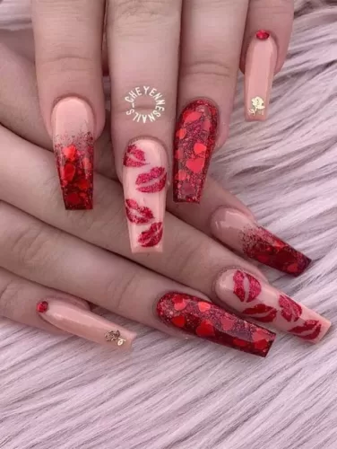 Valentines nails coffin Glitter Kiss