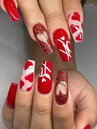 Red Glitter XO Valentine's Nails