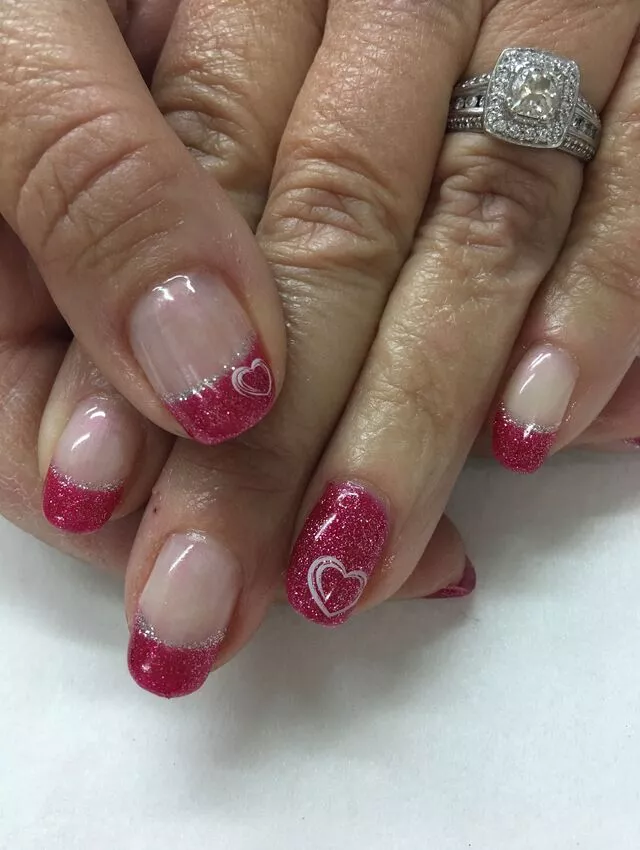 Glittery Red Hearts on French Tips