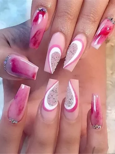 Valentines nails pink and red Blush Swirl Elegance