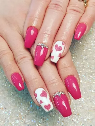 Valentines nails pink and red Glitter Heart Glam