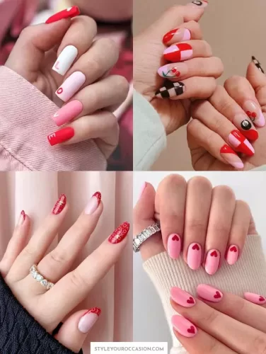 Valentines nails pink and red Valentine's Day Nail Medley