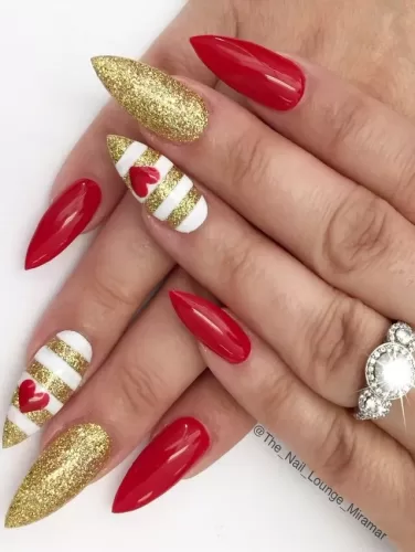 Glamorous Gold and Red Valentine's Stiletto Nails