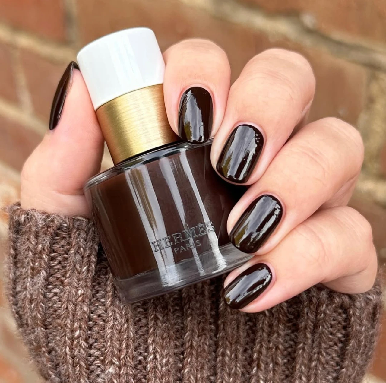 Uñas pintadas con Hermès Les Mains Hermès Nail Enamel en Brun Bistre, un tono marrón oscuro, perfectas para los colores de uñas de invierno en tendencia.