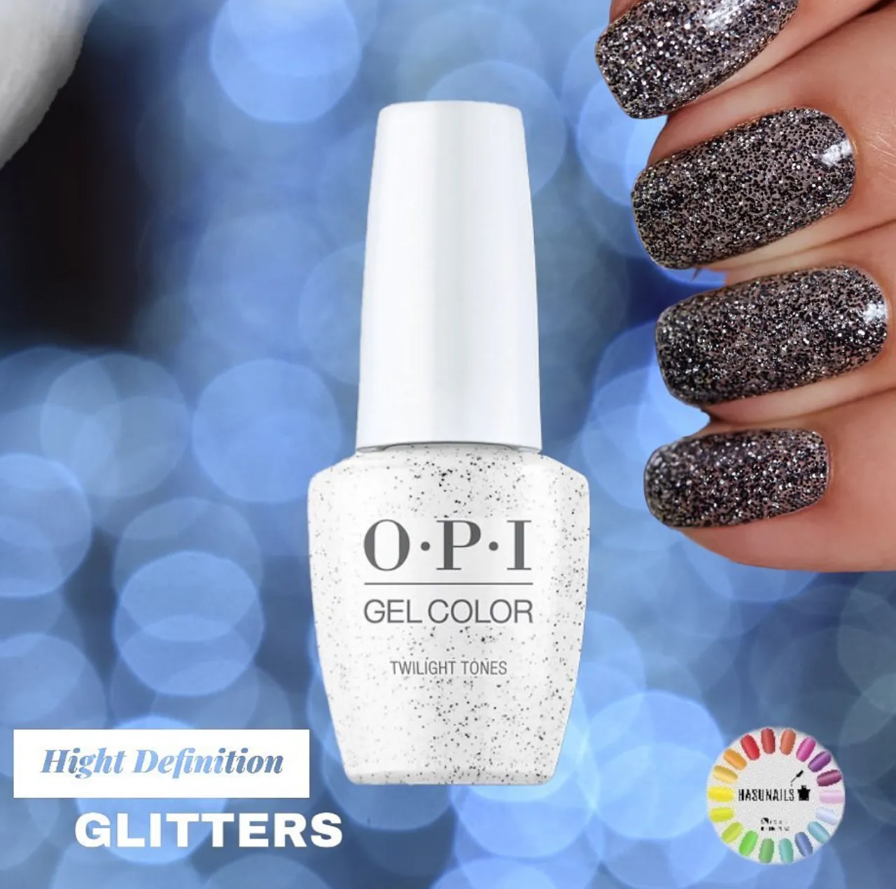 Uñas con esmalte OPI Gel en Twilight Tones, diseño con glitter plateado brillante, tendencia de invierno.