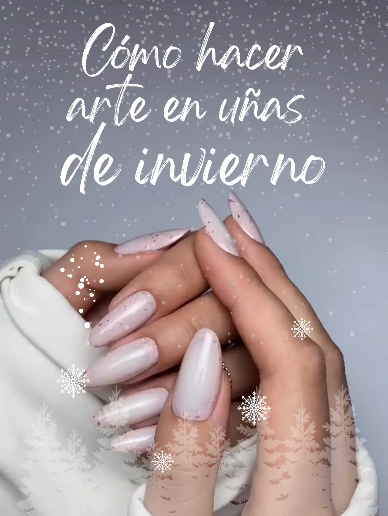 Portada del tutorial mostrando cómo hacer arte en uñas de invierno con diseño nude brillante y escarcha.