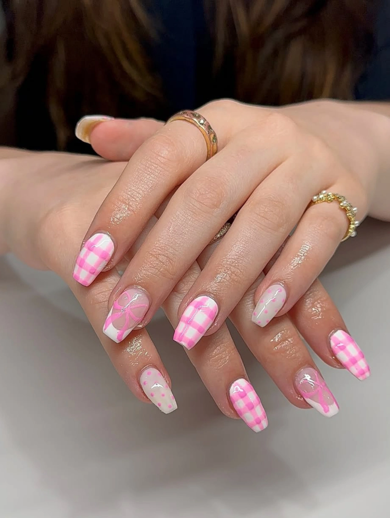 Pink Gingham Bow Coffin Valentine’s Nails