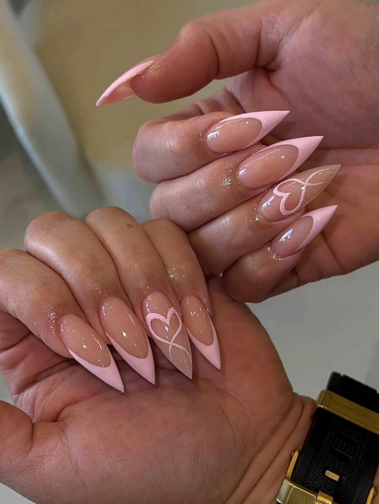 Elegant Pink Almond Valentine’s Nails Dip Powder with glossy almond-shaped nails.