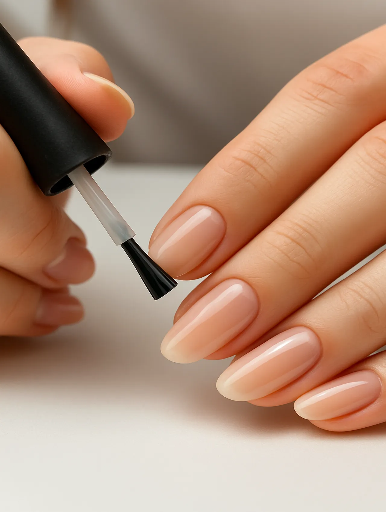 Woman applying sheer nude polish as a base coat during Russian manicure