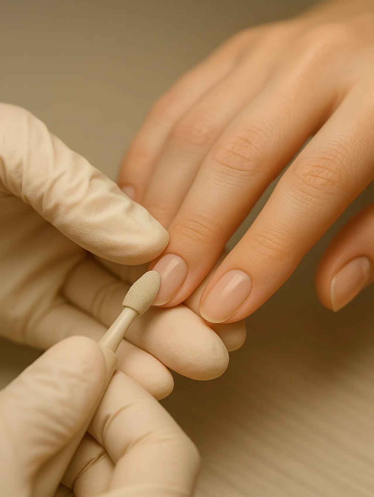 Close-up of a gloved hand using an electric file to lift cuticles in a Russian manicure