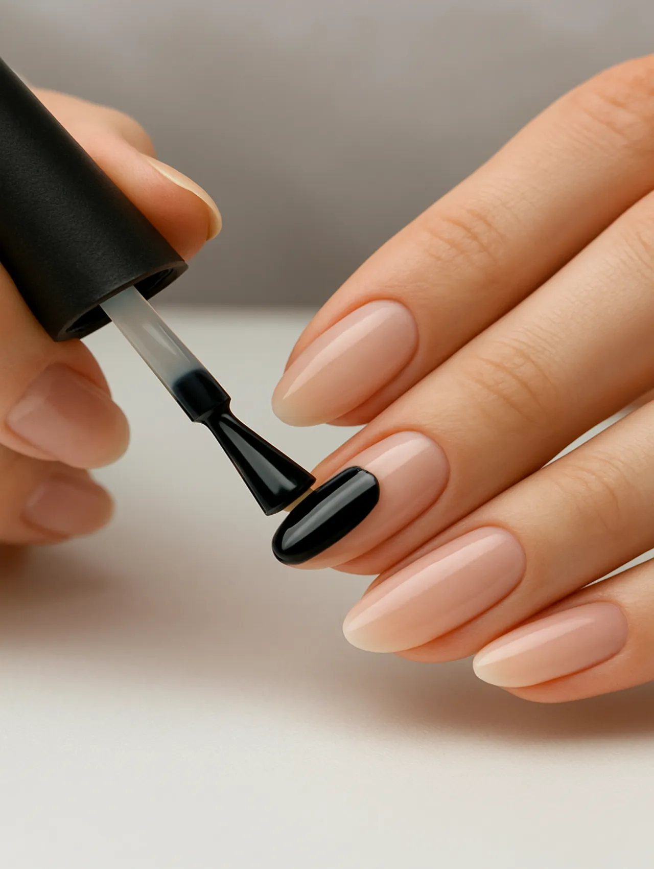 Gel polish being precisely applied to a nail after Russian manicure cuticle work