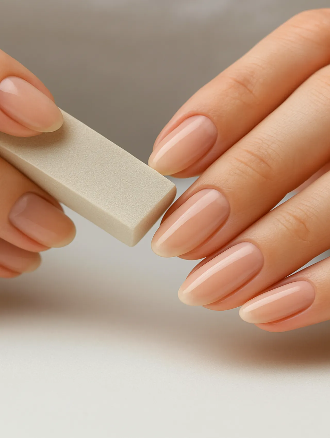 Client gently buffing nail surface with a rectangular nail buffer in Russian manicure
