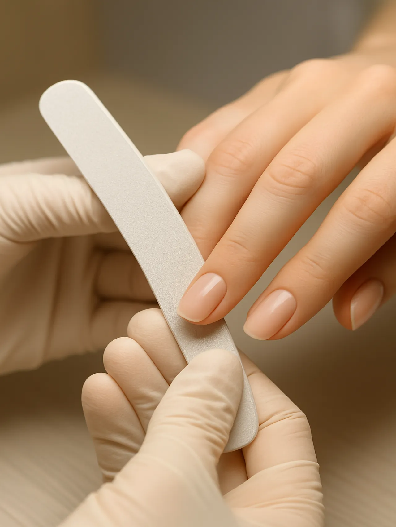Nail technician shaping natural nails with a file during a Russian manicure