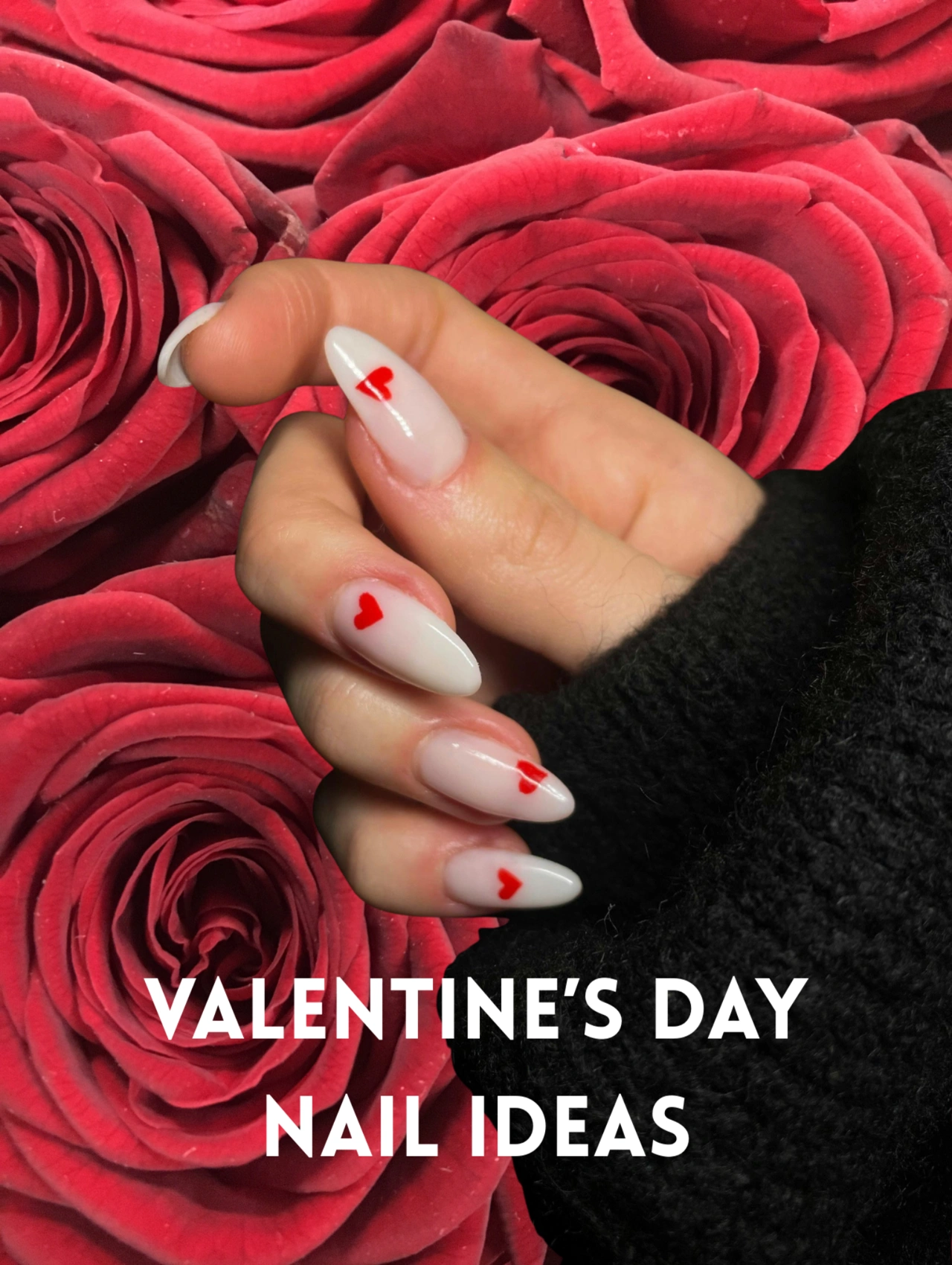 TikTok Valentine Nails Trendy Designs, almond-shaped nude nails with red heart details inspired by viral TikTok Valentine Nails