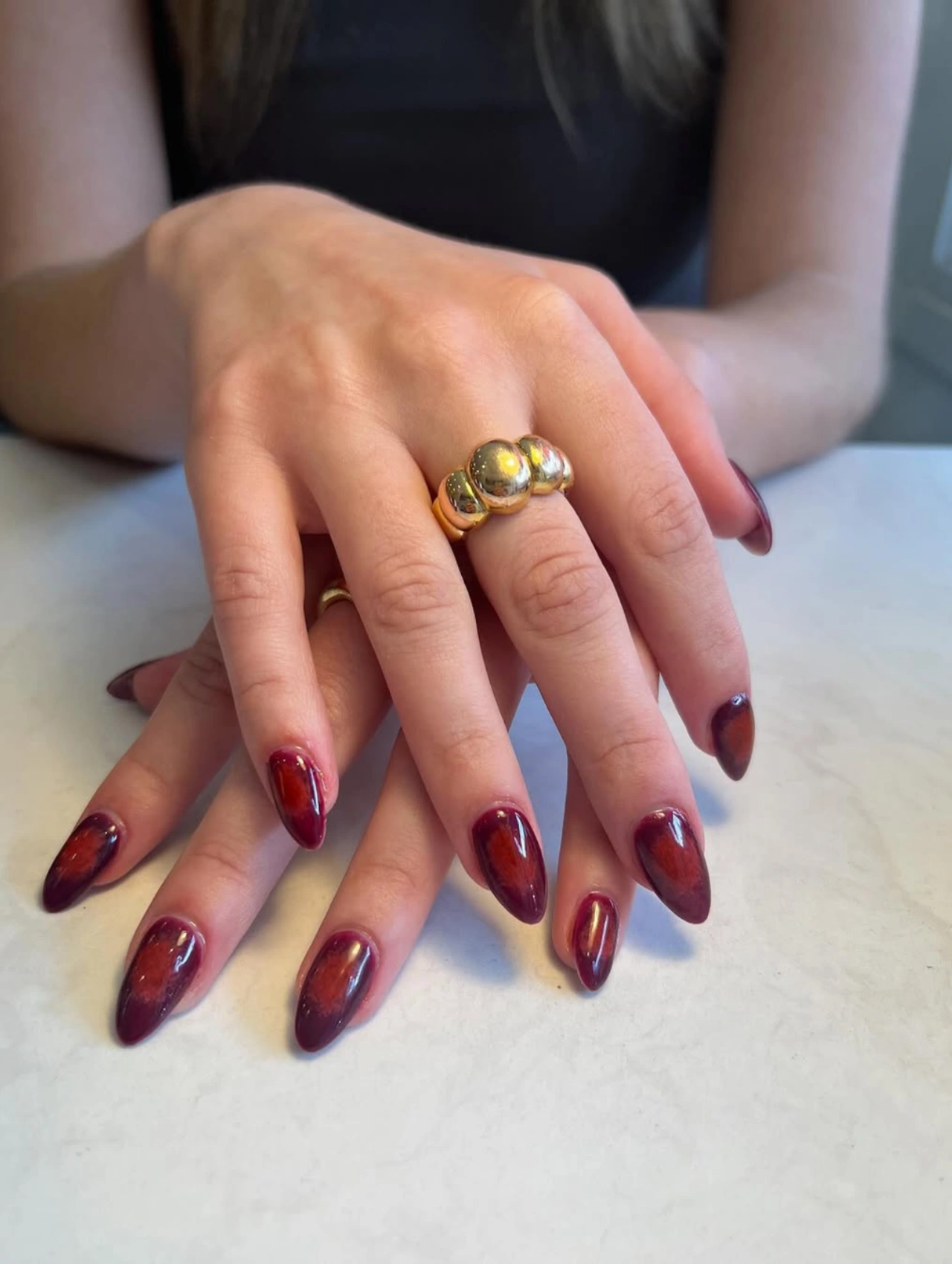 Elegant Pink Almond Valentine’s Nails Dip Powder with glossy almond-shaped nails.