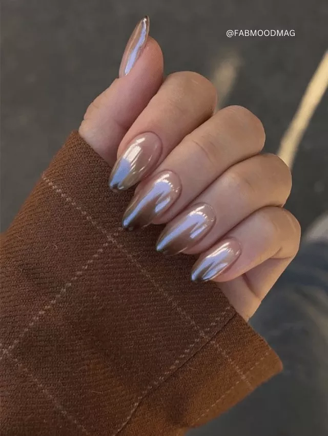 Almond nails with a brown-to-chrome gradient effect.