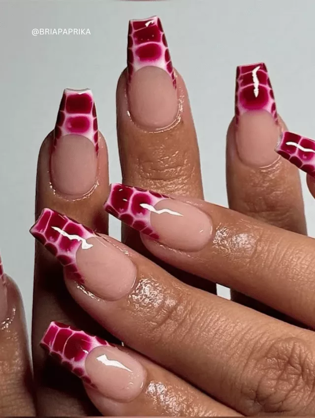 Square-shaped nude nails with burgundy blooming French tips.