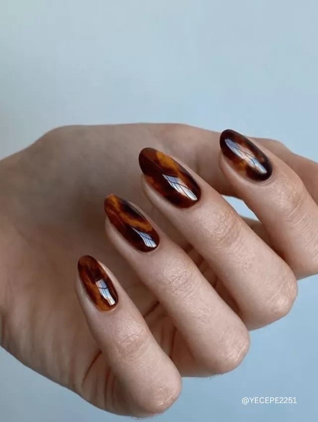 Glossy tortoise shell nails in warm amber and brown hues.