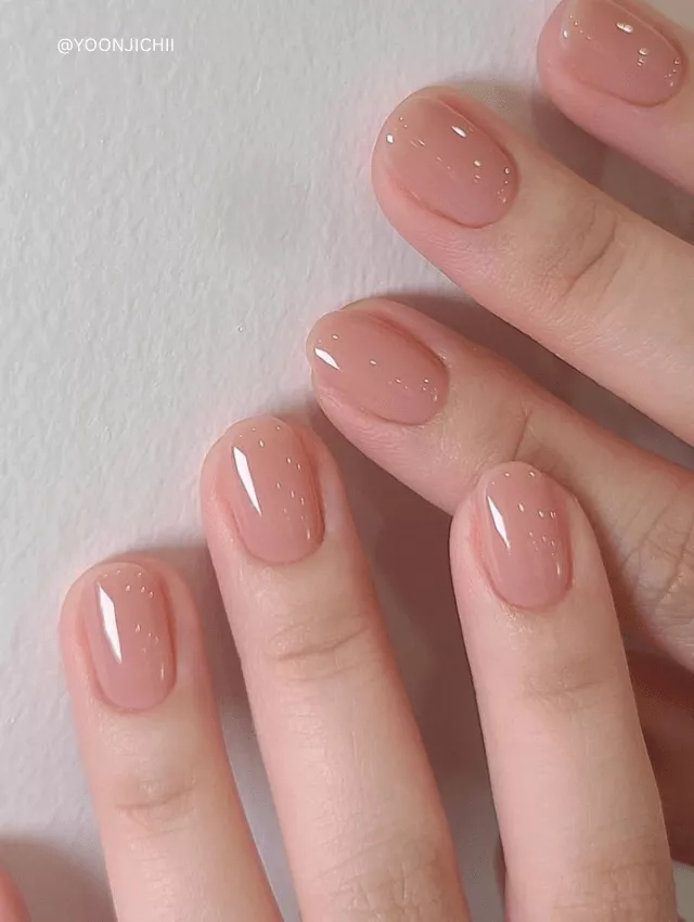 Simple and glossy nude nails with a natural, soft pink finish.