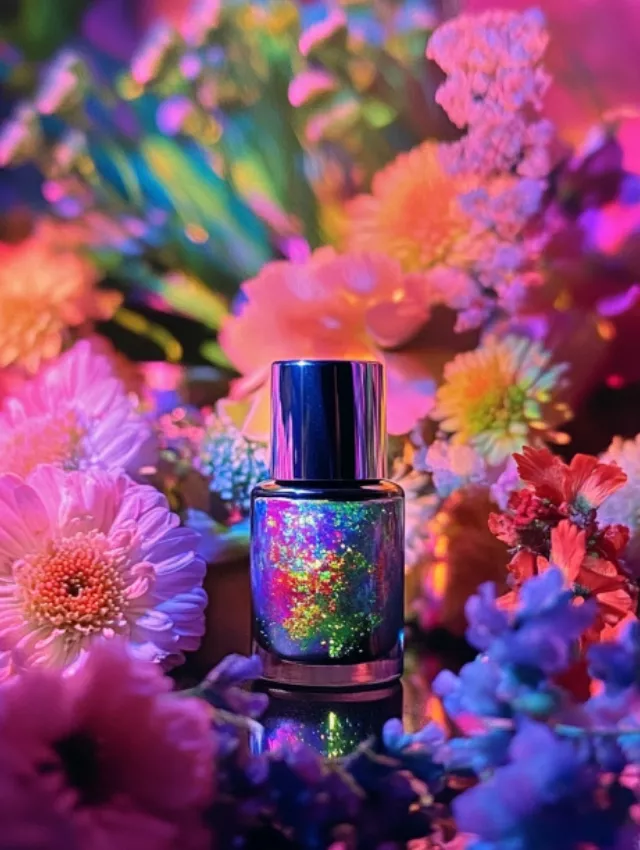 A holographic nail polish bottle surrounded by a vibrant floral arrangement.