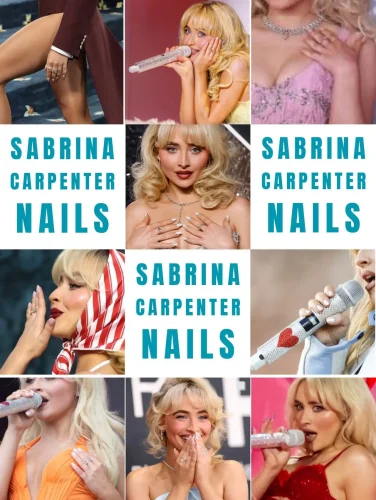 Sabrina Carpenter nails collage featuring her most iconic manicures