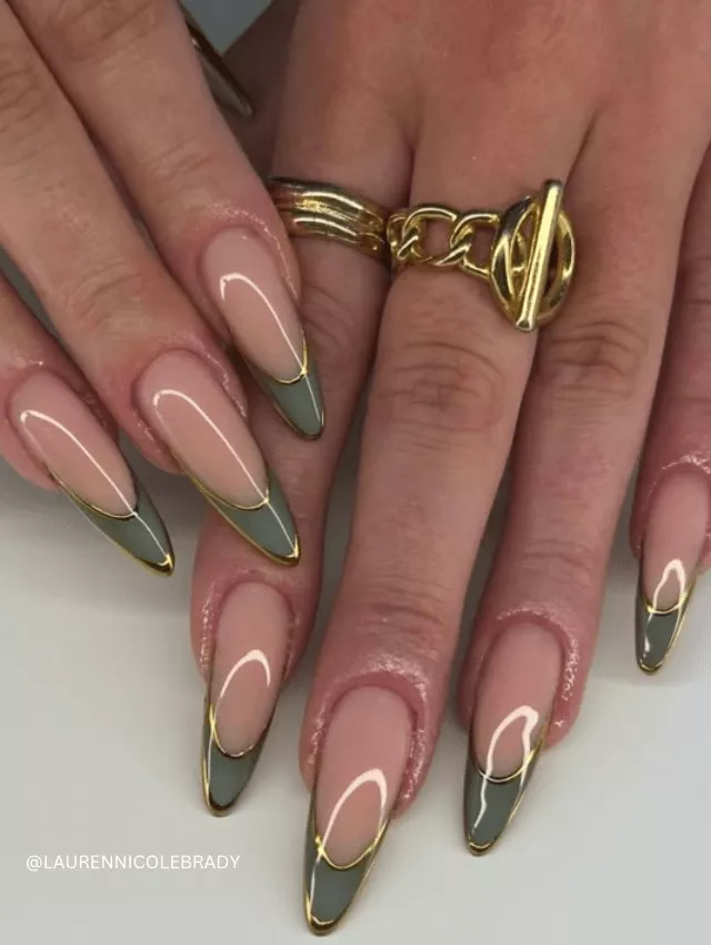 Nude French manicure with olive green and gold outline tips.