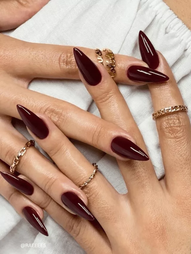 lossy, deep burgundy stiletto nails with a vampy finish.