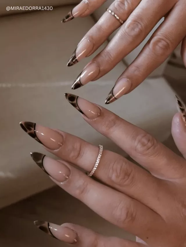 Nude stiletto nails with chocolate brown French tips.