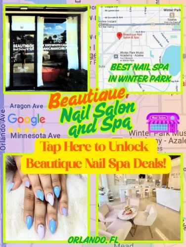 Promo poster for Beautique Nail Salon and Spa in Winter Park, Orlando, featuring blue ombré nails, cozy interior, and mapped location.