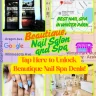 Promo poster for Beautique Nail Salon and Spa in Winter Park, Orlando, featuring blue ombré nails, cozy interior, and mapped location.