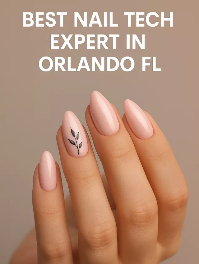 Close-up of pastel pink almond nails with black leaf art on one finger, showing elegant and clean nail design