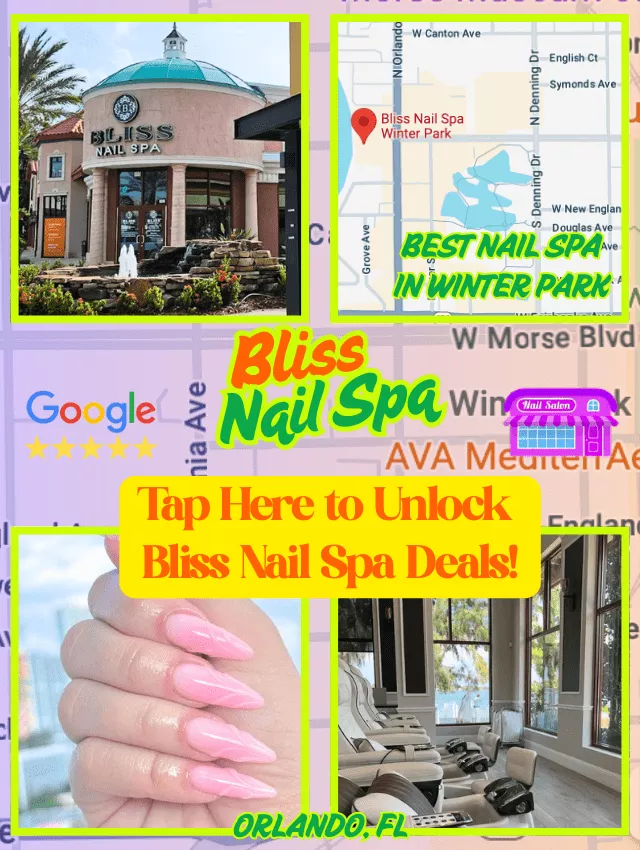 Promo image for Bliss Nail Spa in Winter Park, Orlando, featuring pink nails, interior spa chairs, and storefront.