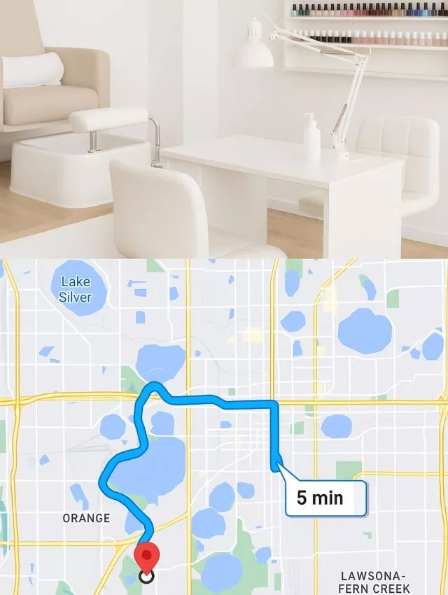 Modern nail salon interior with a 5-minute driving route map in Orlando, FL