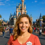 Crystal Bellemont, a smiling local guide, stands in front of Cinderella Castle at Magic Kingdom, representing her role in helping tourists find the best restaurants, bars, shopping, and entertainment near Disney and Universal Studios in Orlando.