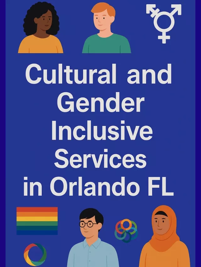 Poster showcasing cultural and gender inclusive nail salon services in Orlando, FL with diverse illustrations