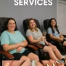 Flyer showing women in black pedicure chairs enjoying drinks, with a modern gray background and white text saying "Nail Group Services" above them.