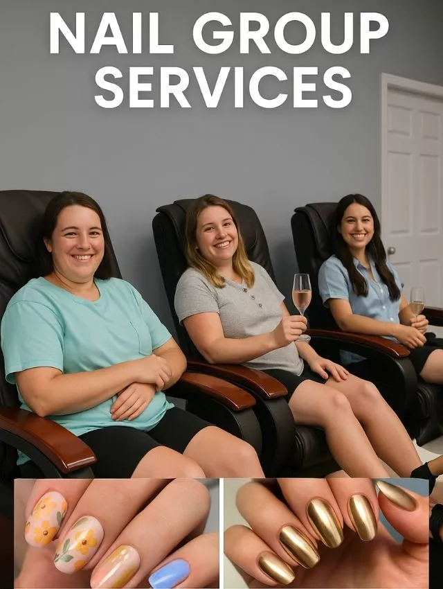 Flyer showing women in black pedicure chairs enjoying drinks, with a modern gray background and white text saying "Nail Group Services" above them.