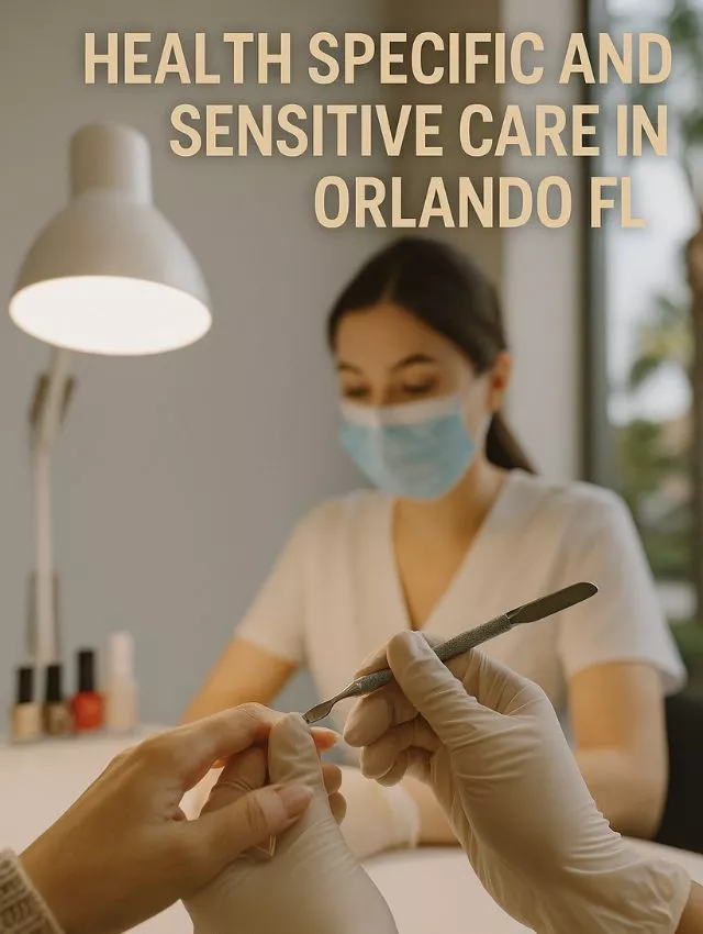 Nail technician performing manicure in Orlando nail salon with safety gloves and soft lighting