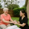 Senior woman receiving in-home manicure from mobile nail technician in Orlando backyard