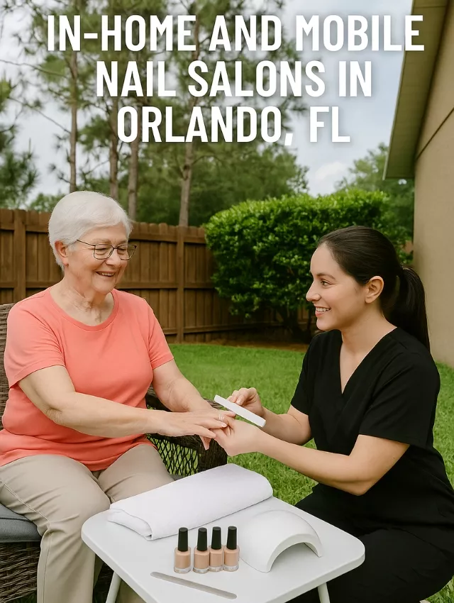 Senior woman receiving in-home manicure from mobile nail technician in Orlando backyard